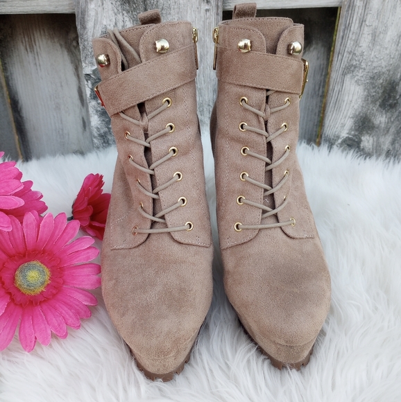 Guess Faux Suede Nude Luggy Buckle Platform Booties - Picture 5 of 15